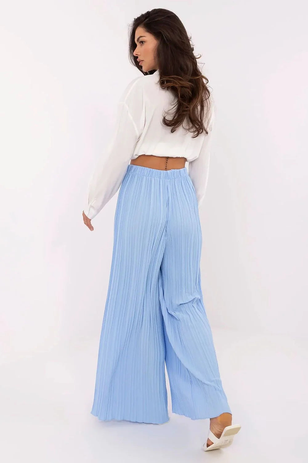 Ensemble femme chemisier blanc pantalon bleu palazzo plissé elastique manches longues col classique coton polyester printemps été