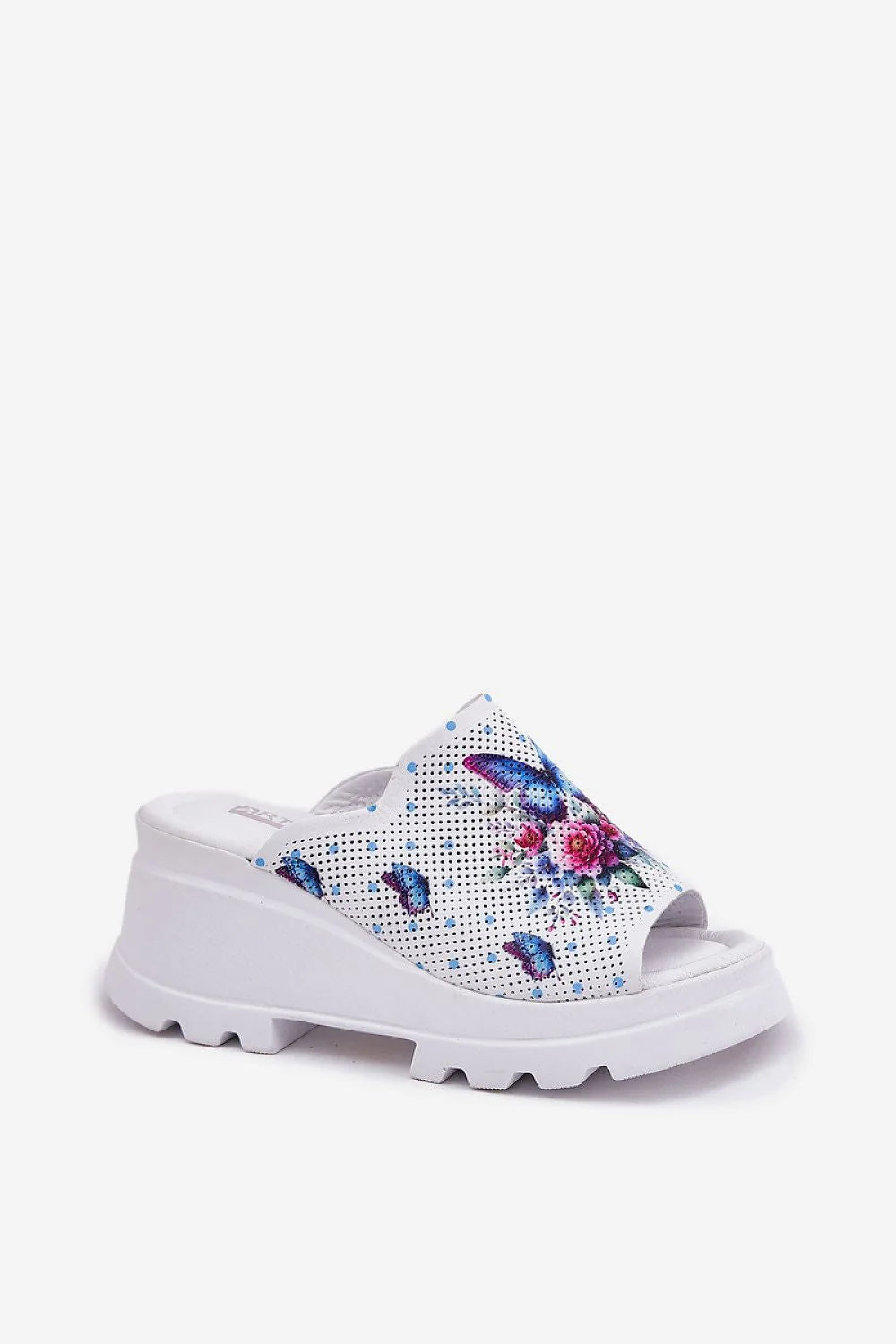 sandales mules femme compensées plateforme blanche bout ouvert tige perforée synthétique imprimé papillons bleus fleurs roses confort