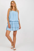 robe sans manches viscose bleu ciel courte blousante encolure ronde plis volants superposés élastique doublée légère respirante féminine estivale