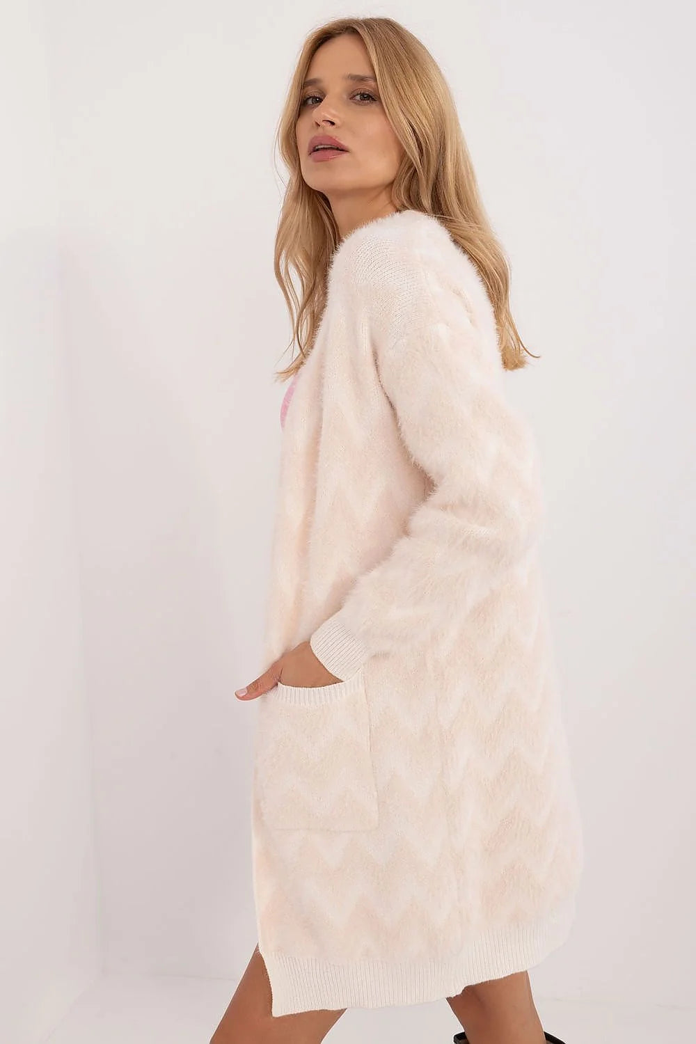 Cardigan féminin long décontracté sans fermeture éclair manches longues poches plaquées couleur rose pâle