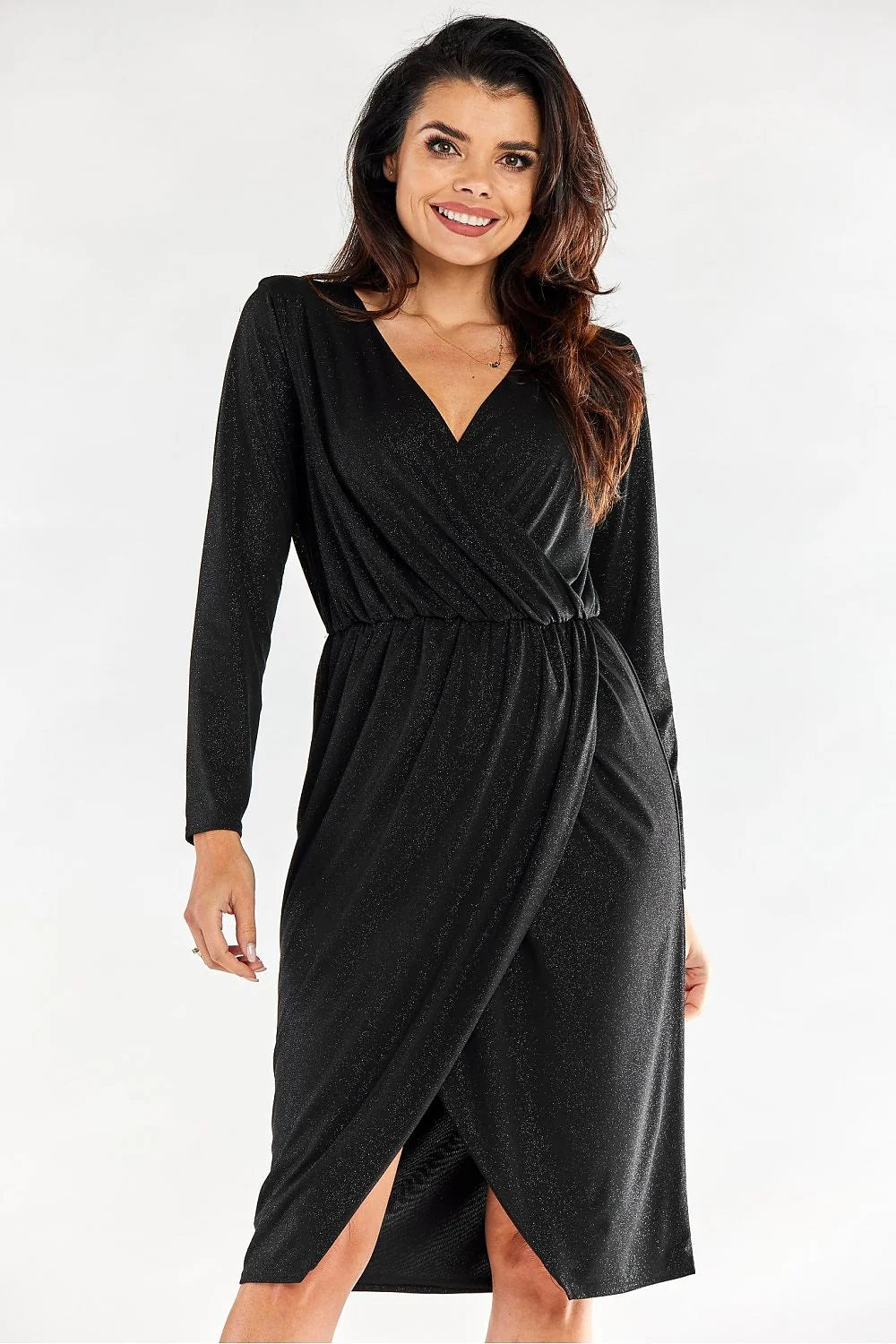 Robe de soirée élégante longue manches longues encolure V croisée taille ajustable tissu métallisé rouge vif femme