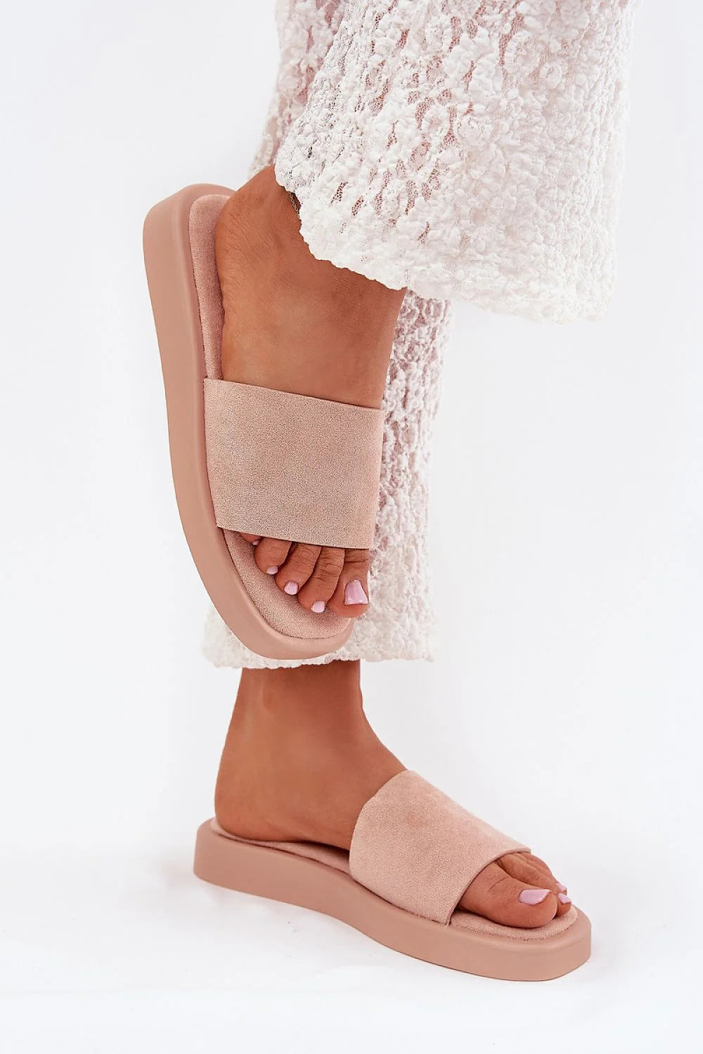 Sandales femmes mules à enfiler style moderne minimaliste bride large suedette éco-friendly semelle épaisse 2.5 cm couleur rose pâle
