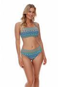 Maillot de bain femme bohème motifs ethniques vibrant couleur bleu vert rose jaune violet bandeau ajustable taille haute bikini plage piscine été