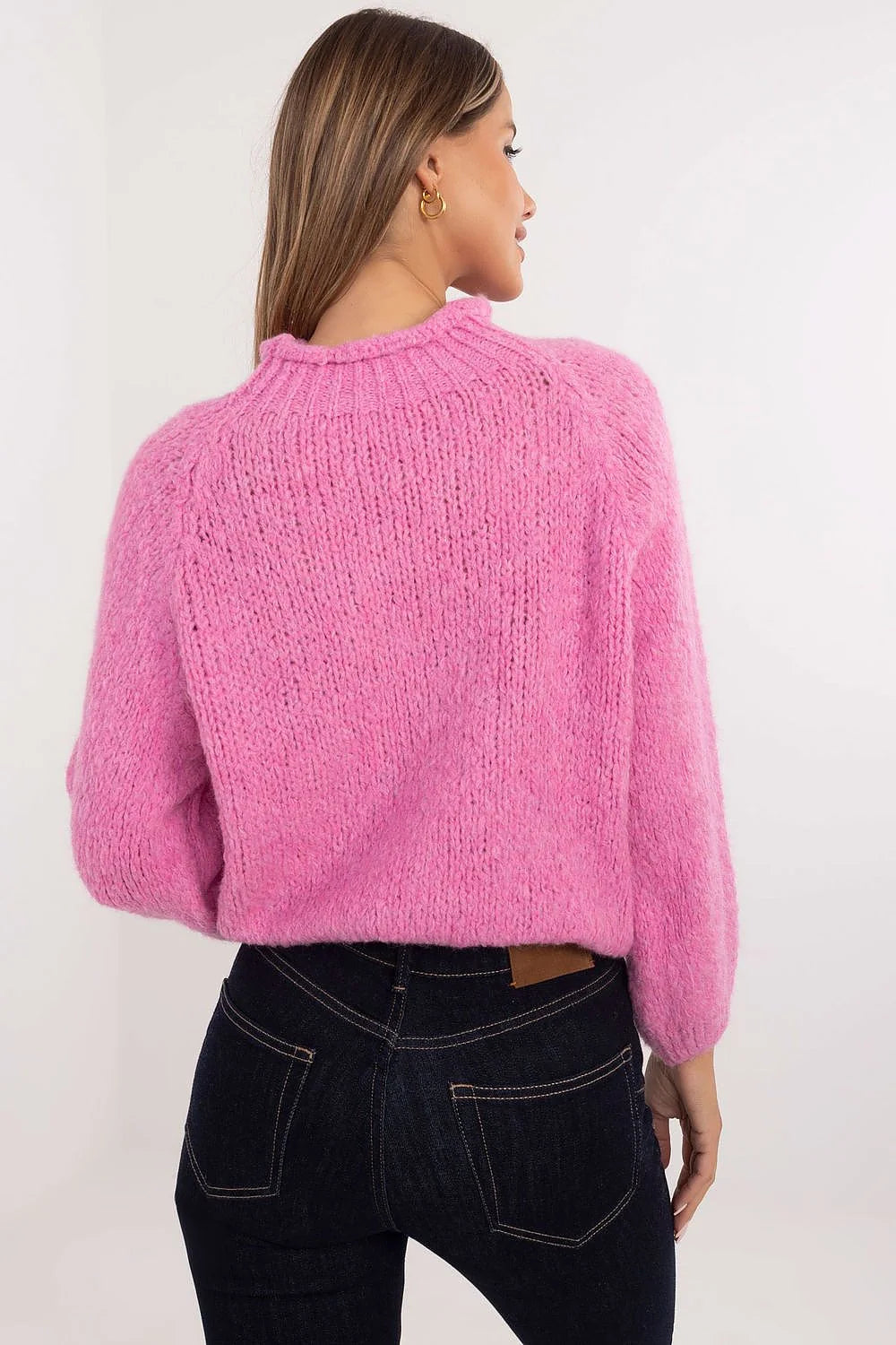 chandail femme Italy Moda rose fuchsia maille épaisse douce moelleuse coupe droite hanche col rond manches bouffantes bordcôtes