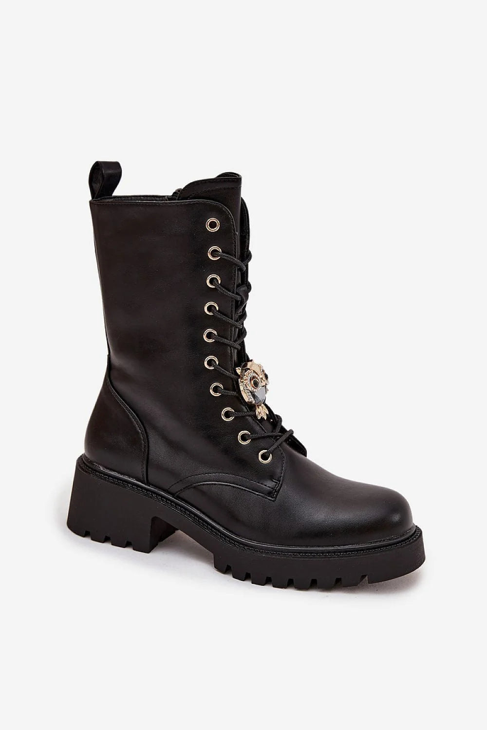 bottines femme noires cuir synthétique talon bloc 5cm plateforme semelle crantée antidérapante lacets œillets dorés fermeture éclair latérale bijou chouette