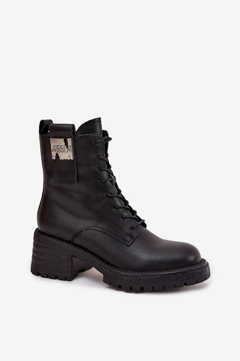 bottines cuir naturel noir cheville lacets fermeture éclair talon bloc semelle plateforme crantée œillets renforcés plaque métallique doublure légère confortable