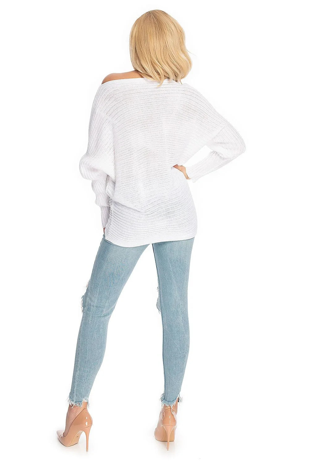Pull femme style moderne élégant encolure bateau manches longues coupe ample ourlet côtelé matériau acrylique 100% couleur rouge vif