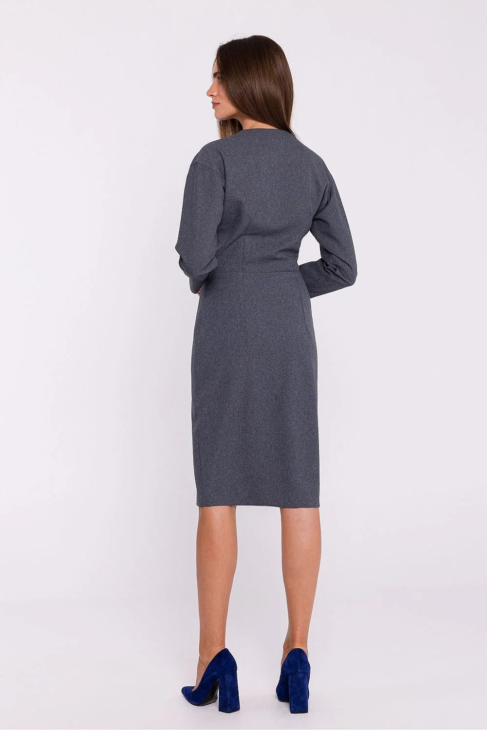 Robe élégante pour femme en tissu gris anthracite, coupe crayon, manches trois-quarts, encolure V, fente devant, occasion professionnelle et formelle