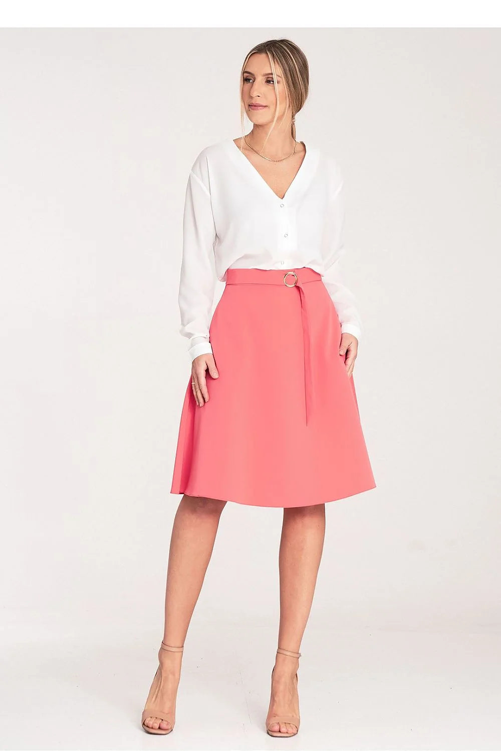 Jupe élégante longueur genou corail polyester viscose ceinture décorative poches latérales polyvalente femmes occasionnels