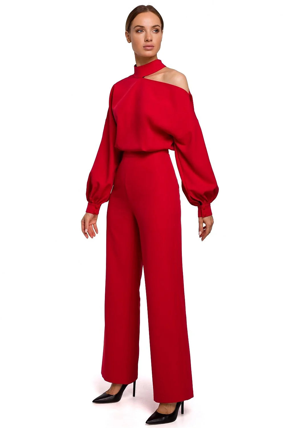 Combinaison pantalon rouge vif polyester femme moderne élégante manches longues épaules dénudées chic