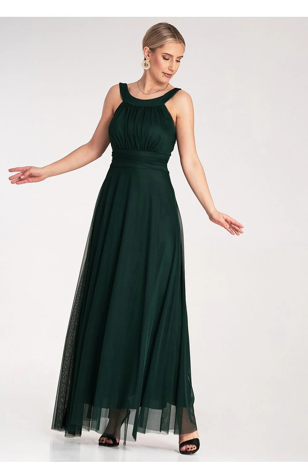 Robe de soirée élégante longue sans manches décolleté arrondi bretelles larges taille cintrée tissu mousseline vert foncé tulle effet transparent femme polyester elasthanne