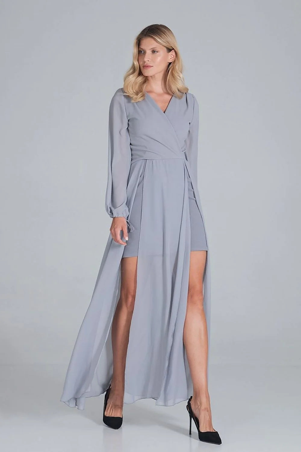 Robe longue grise élégante en mousseline avec manches longues fente moderne pour femmes chic