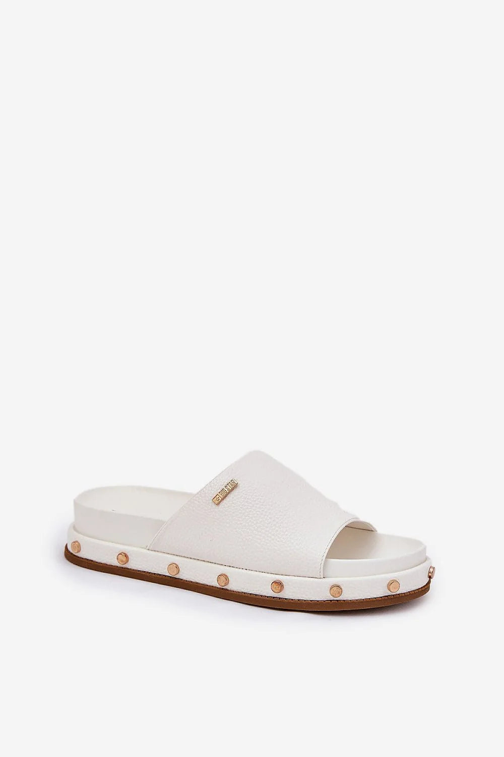 Mules femmes design moderne élégant cuir synthétique blanc plateforme dorée studs logo style urbain confortable été 2024