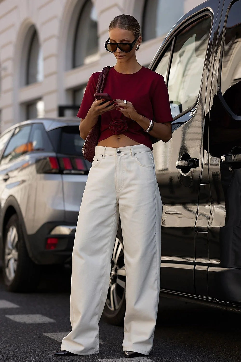 top crop court manches courtes bordeaux profond coton doux maille jersey plis avant rose amovible décorative drapé ajustée
