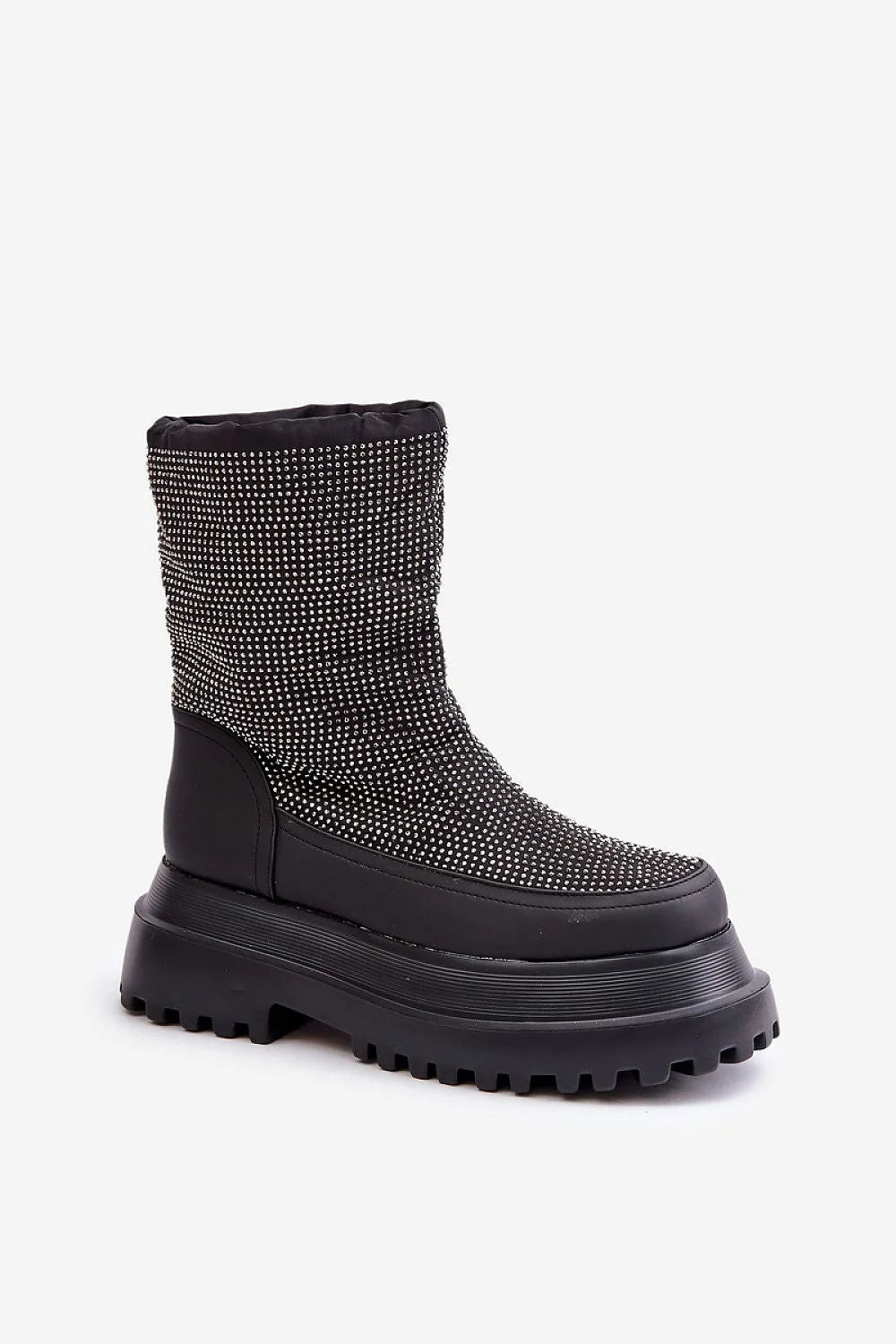 bottes neige femme cheville tige stretch microstrass argentés scintillantes bout rond plateforme épaisse crantée semelle noire stabilité confort
