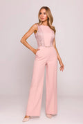 Combinaison élégante pour femme en dentelle rose pâle ajustée taille soulignée manches longues soirée événements