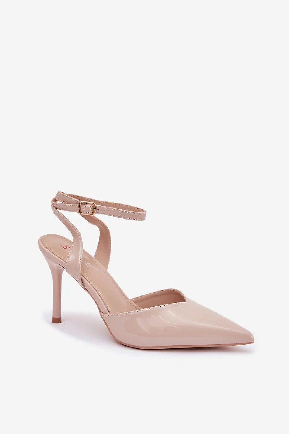 escarpins slingback femme talon aiguille haut bout pointu simili cuir verni beige brillant bride réglable boucle élégant soirée cérémonie chic