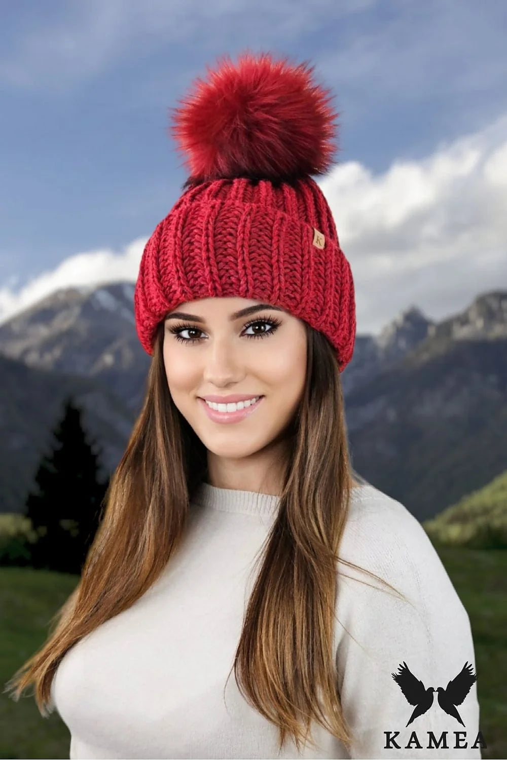 Bonnet d'hiver féminin en laine tricot épais pompon fausse fourrure doublure polaire logo cuir mode élégant