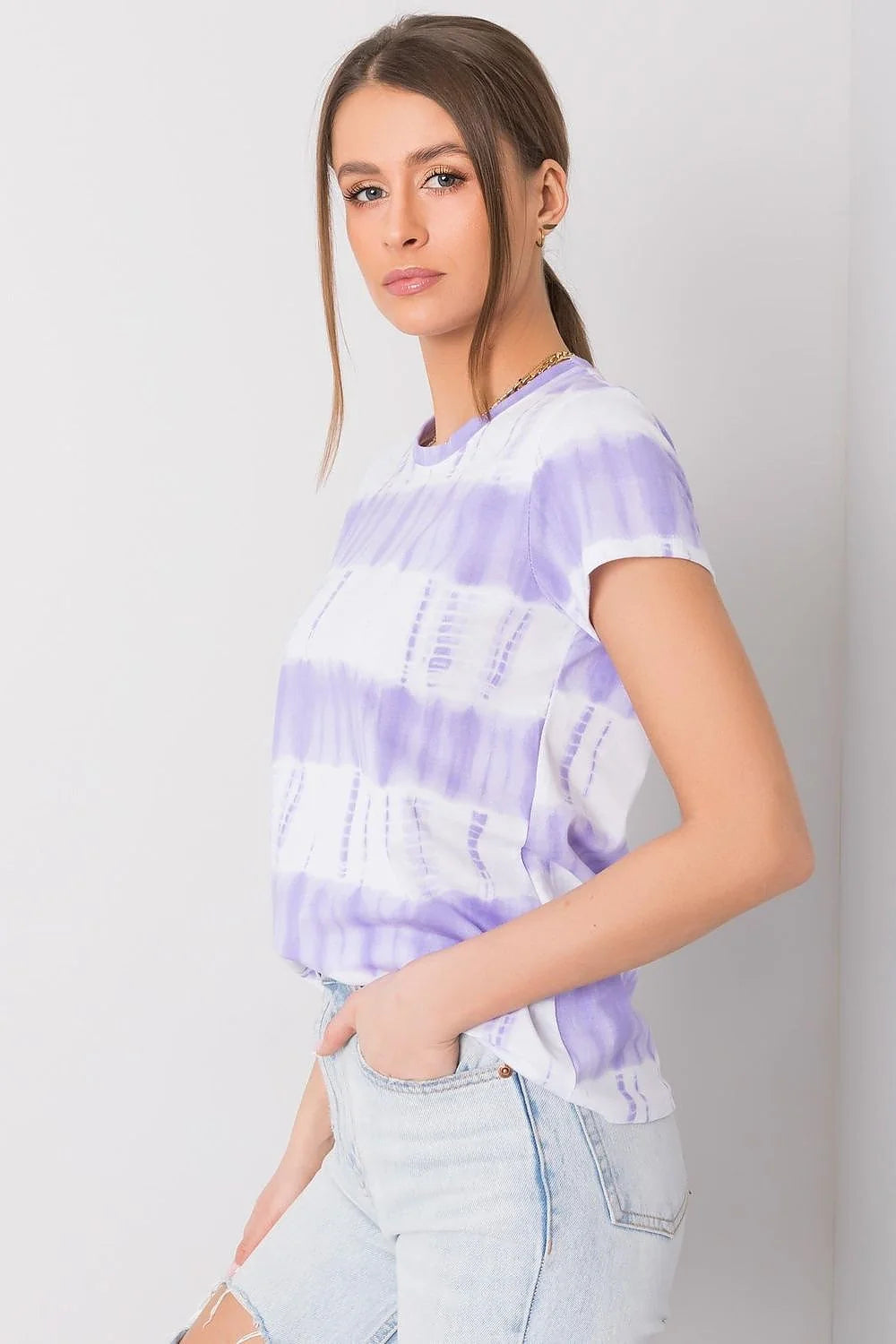 T-shirt femme Italy Moda design moderne tie-dye violet coton 100% coupe ajustée manches courtes encolure ronde