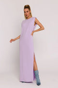 Robe de jour élégante en maille lilas pâle coupe droite fente latérale sans manches femmes