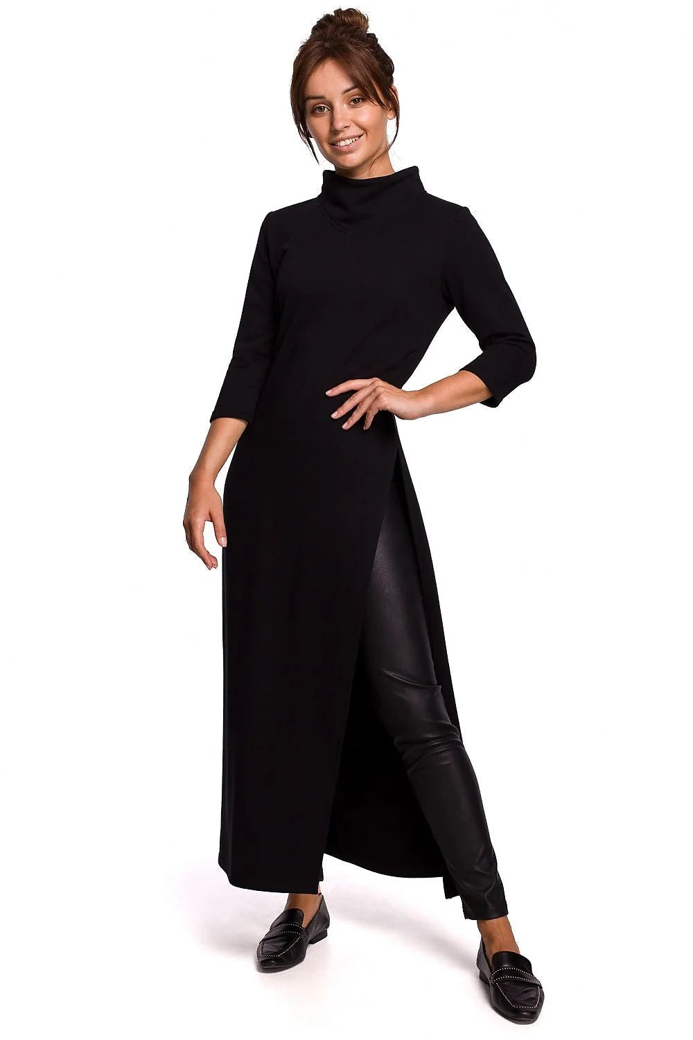 Robe longue élégante coupe droite col montant manches trois-quarts fente latérale coton polyester femme occasionnels