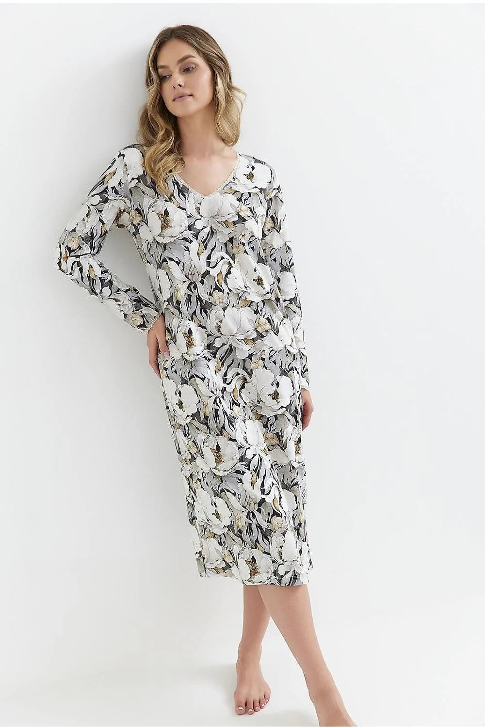 Chemise de nuit élégante pour femme imprimé floral longues manches encolure en V dentelle doux couleur beige et gris
