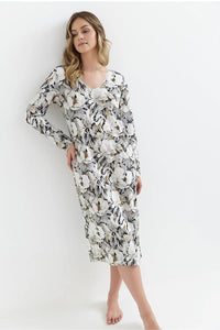 Chemise de nuit élégante pour femme imprimé floral longues manches encolure en V dentelle doux couleur beige et gris