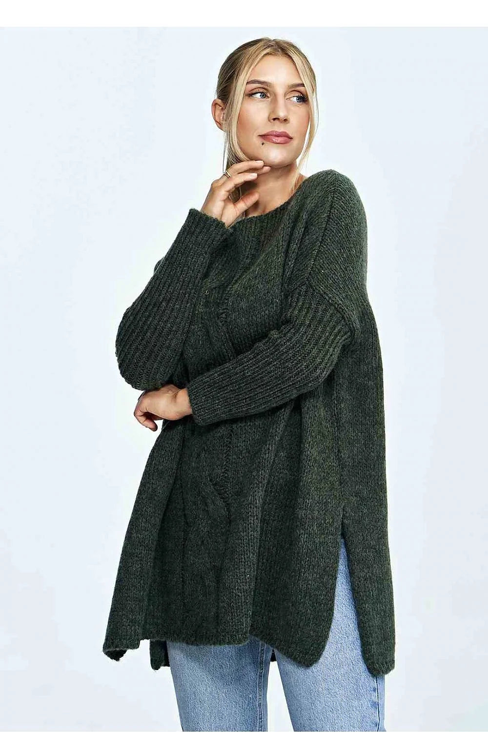 Pull pour femme ample en maille laine tricoté oversized épaules tombantes manches longues encolure bateau fentes côté couleur vert foncé