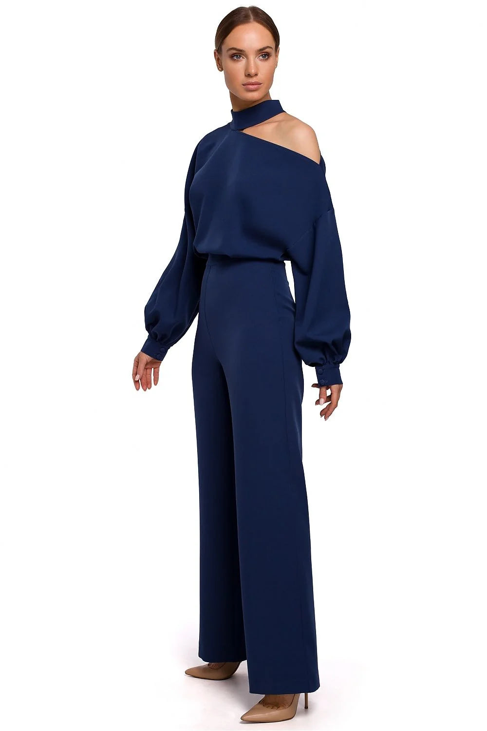 Combinaison pantalon rouge vif polyester femme moderne élégante manches longues épaules dénudées chic