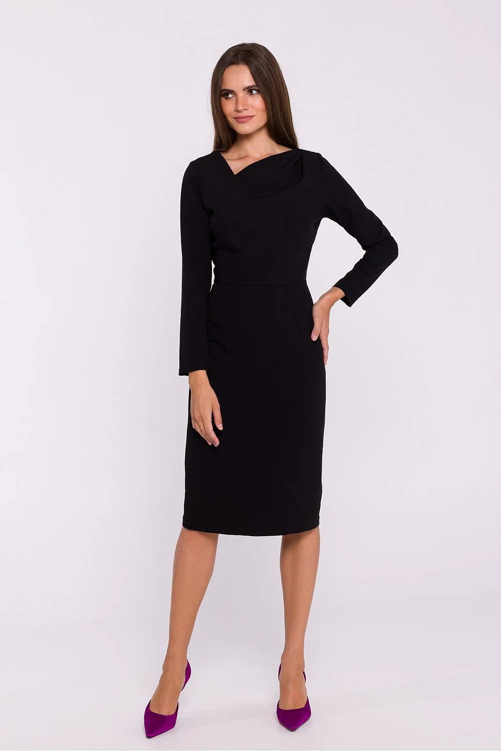 Robe de jour élégante pour femme en polyester-élasthanne noir asymétrique manches longues encolure croisée taille ajustée