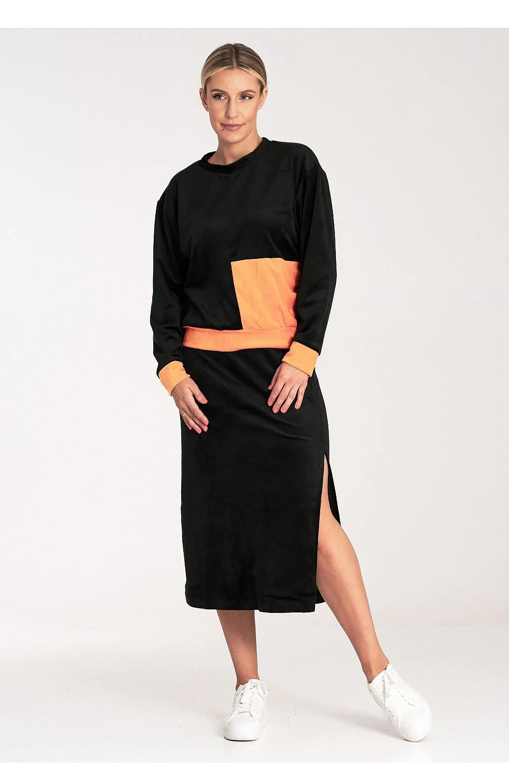 Ensemble Figl pour femmes velours bicolore chemisier manches longues jupe crayon fente latérale elasthanne polyester sportswear mode