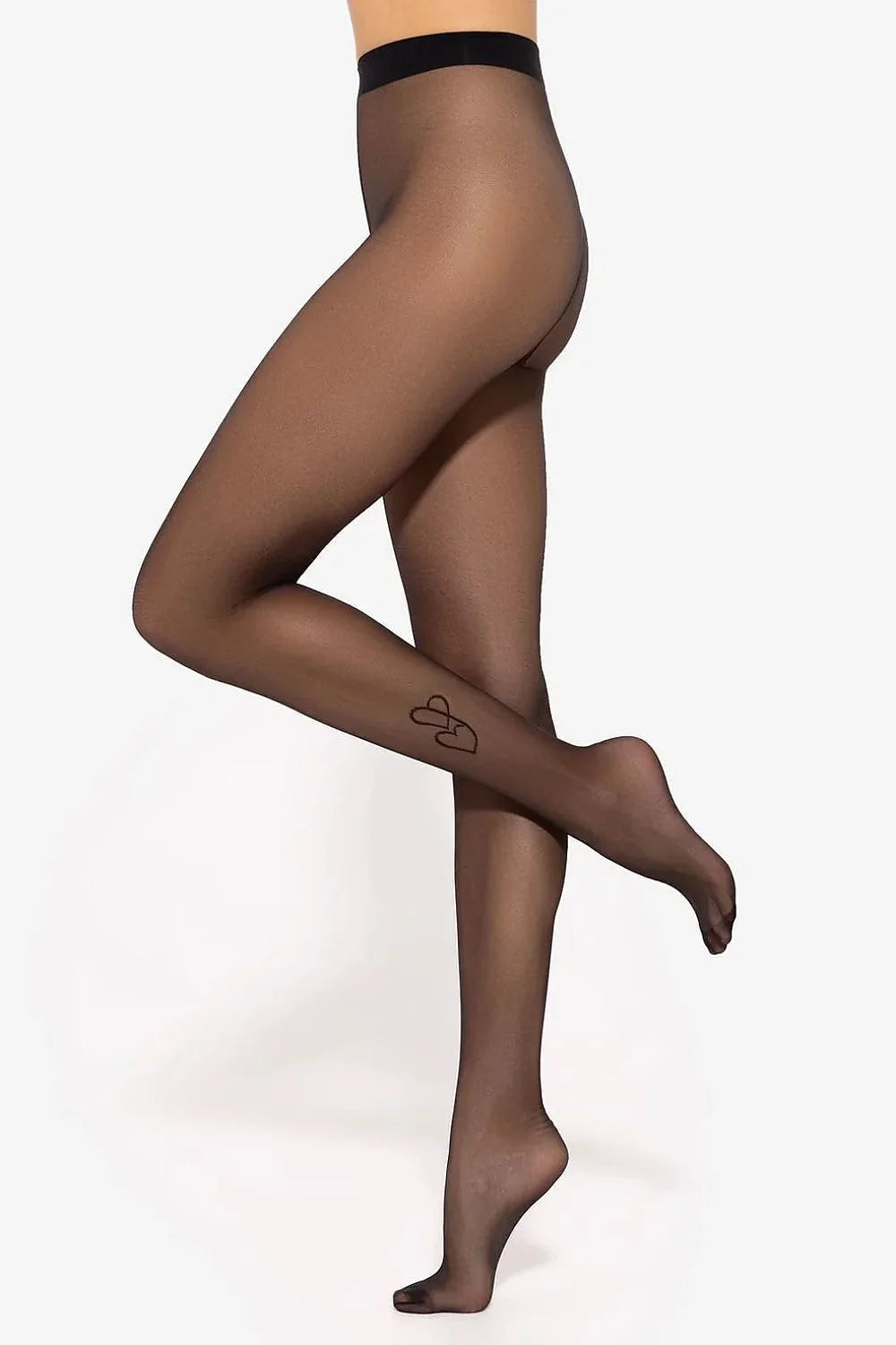 collants femme transparents noirs taille haute ceinture elastique maintien discret motif double coeurs mollet voile mat seconde peau extensible