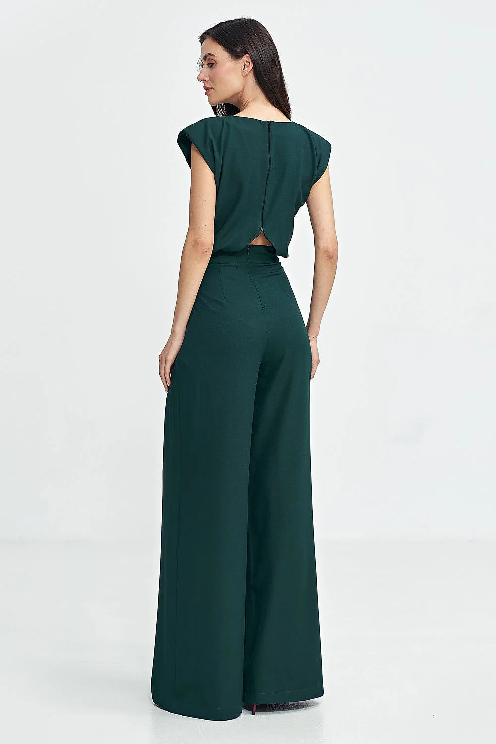 Combinaison pour femme élégante moderne design coupe ample jambes évasées vert profond matériau fluide occasion professionnelle soirées