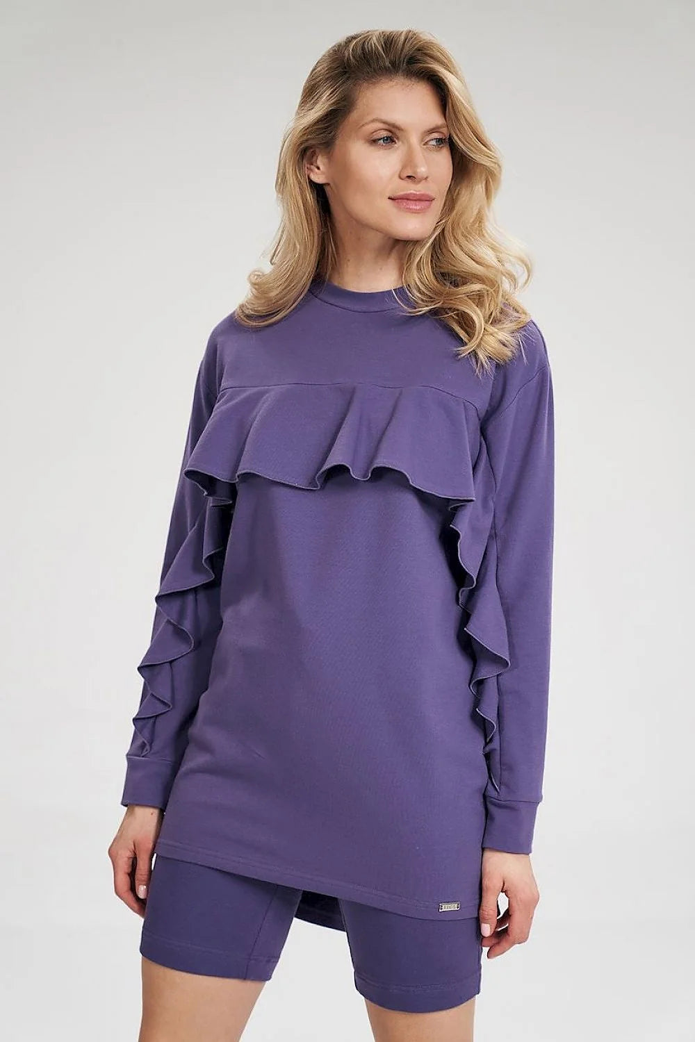 Ensemble femme coton élasthanne style décontracté élégant haut manches longues volants short tendance confortable
