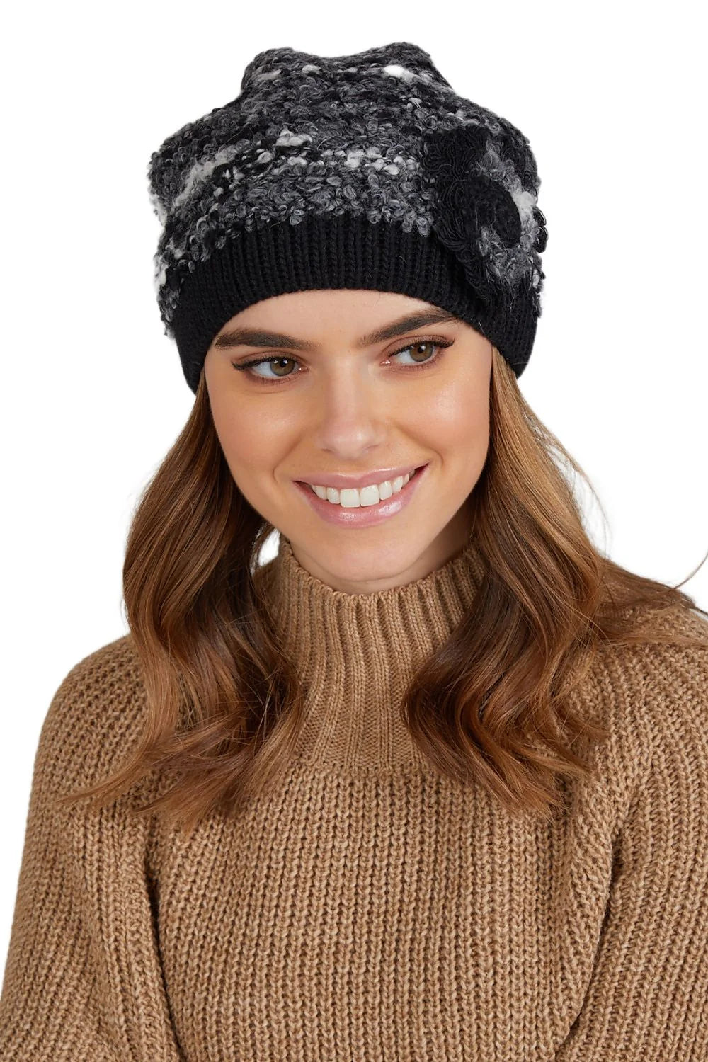 Bonnet d'hiver pour femme en tricot texture bicolore élastique floral fleur marbré gris noir blanc
