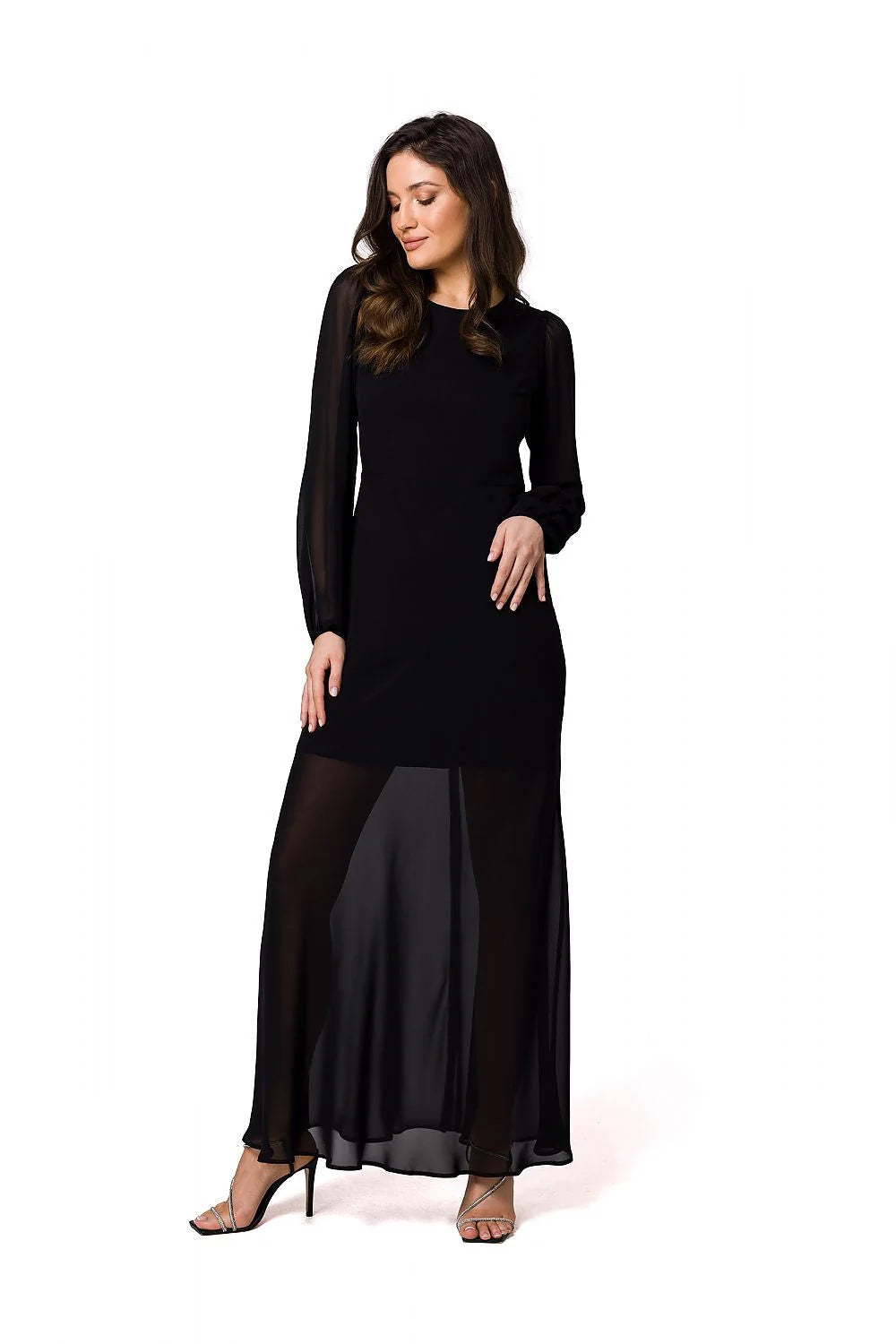 Robe de soirée Makover longue en mousseline soie dos ouvert armature fermeture éclair double couche polyester noire taille S M L XL femme
