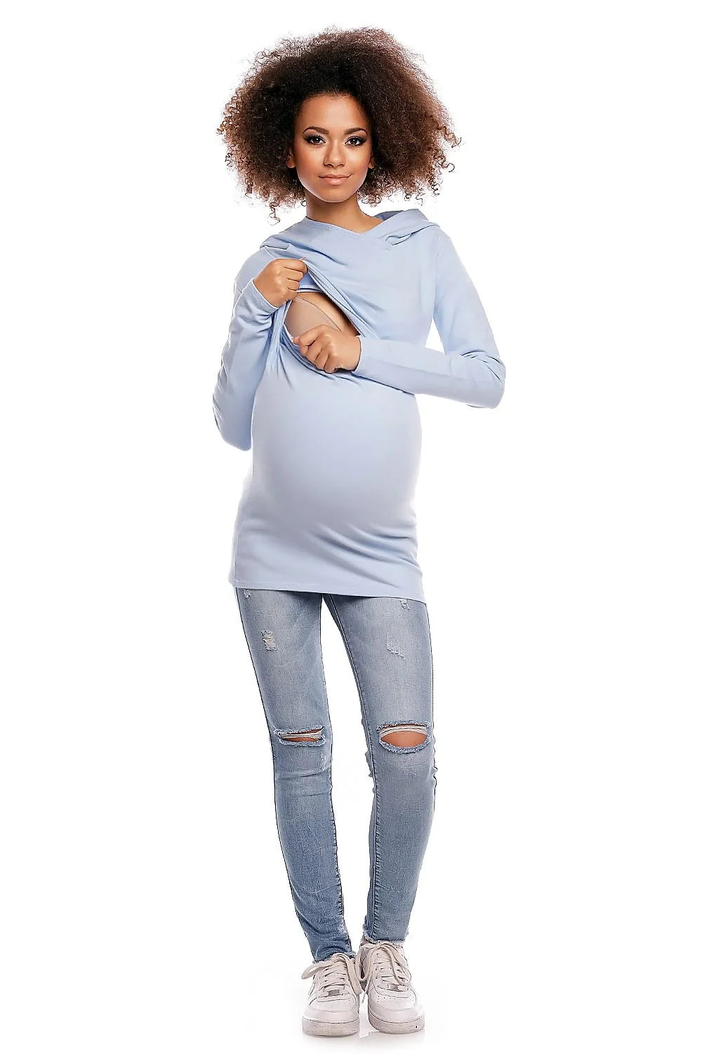 Sweatshirt maternité coton col drapé élégant confortable bleu clair pour futures mamans mode pratique
