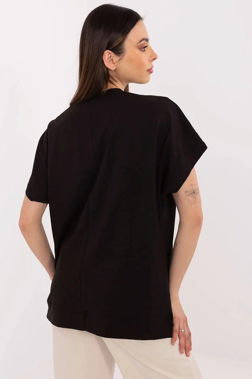 T-shirt femme moderne chic imprimé motifs coups pinceaux métalliques Paris noir coton mélange manches courtes col rond loose casual élégant