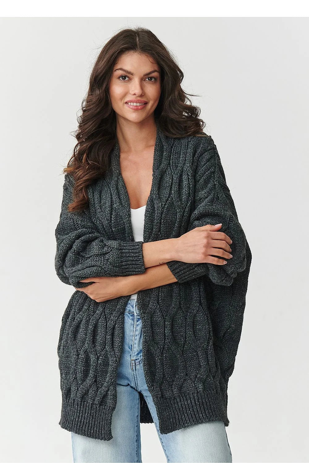 cardigan femme oversize maille torsadée gris anthracite gilet ouvert col châle manches longues volumineuses côtes épaisse cosy coupe décontractée hiver