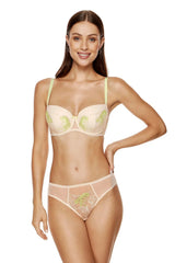 Ensemble lingerie féminine romantique soutien-gorge balconnet culotte bikini brodée tulle couleur chair vert clair