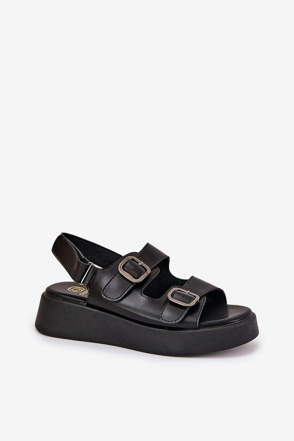 Sandales modernes style audacieux plateforme épaisse cuir noir haute qualité boucles argentées confortable femme