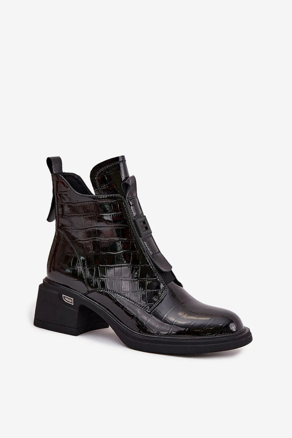 bottines femme chelsea cuir verni croco noir bout légèrement pointu bride décorative talon moyen sculpté semelle crantée