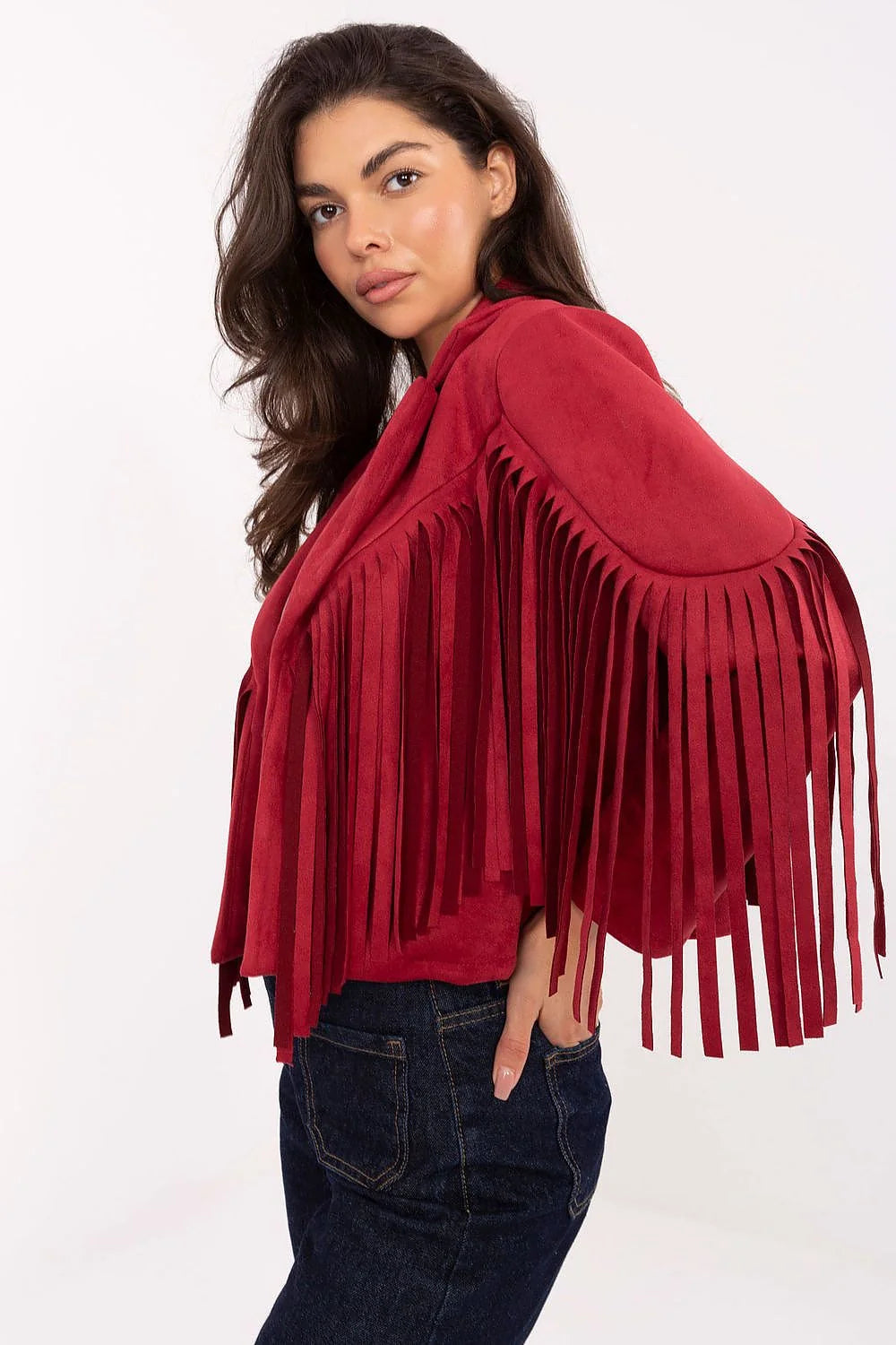veste femme courte bordeaux suédine effet daim coupe boxy col tailleur revers manches longues franges lanières bohème western