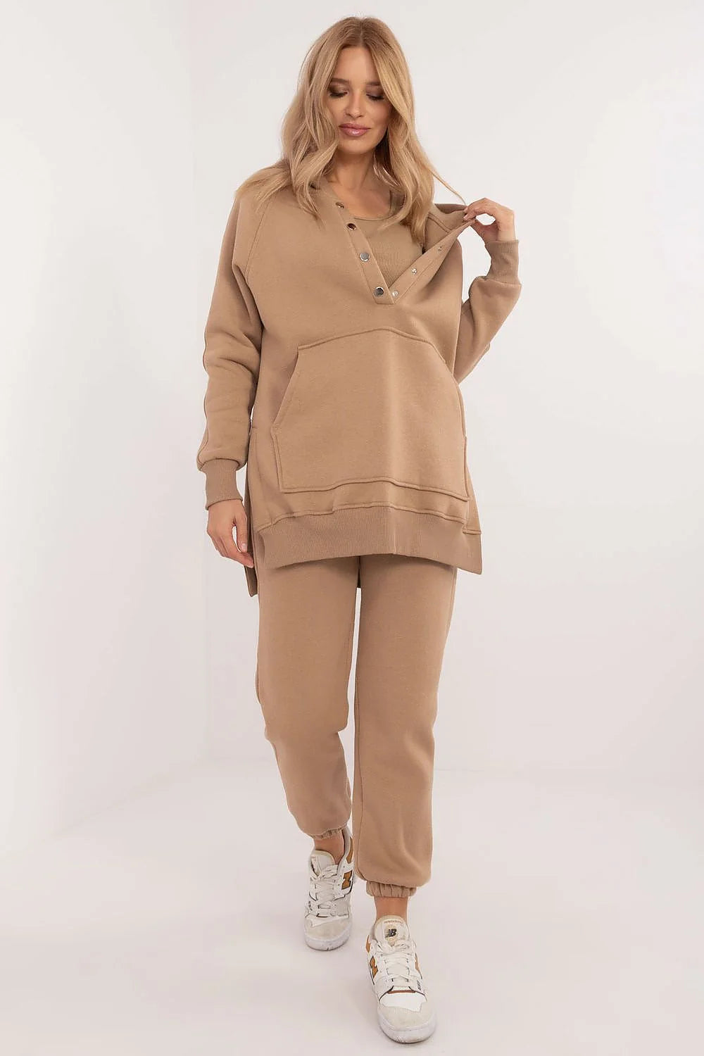 Ensemble décontracté pour femme automne-hiver, matière douce, style casual, couleur camel, sweat à capuche et pantalon joggers
