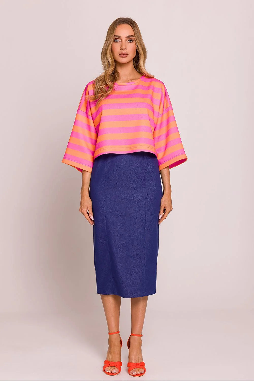 Haut femme crop top rayures horizontales rose orange maille douce coupe oversize manches larges 3/4