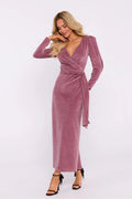 Robe de soirée élégante longue manches longues décolleté en V croisé velours rose poussiéreux ceinture nouée femme