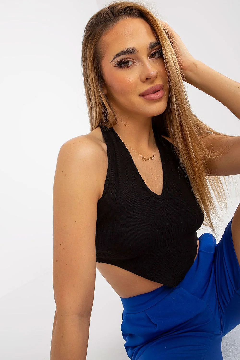Ensemble femme haut cropped dos nu pantalon ample couleur contrastée tissu coton élasthanne été élégance moderne
