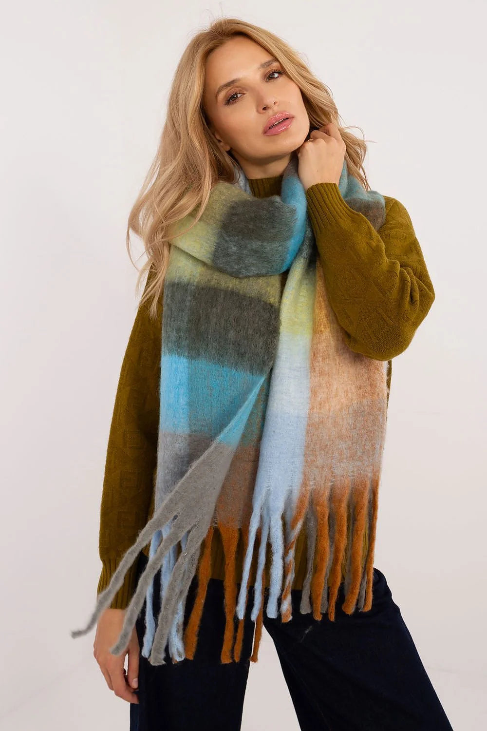 Écharpe en mohair et alpaga, motif à carreaux, franges longues, style chic et bohème, femme automne-hiver