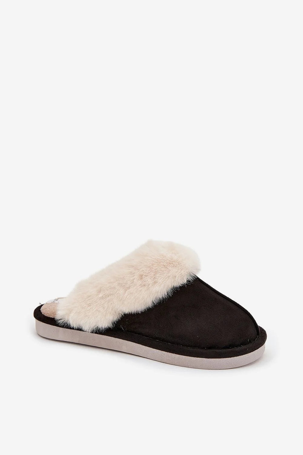 chaussons mules femme suédine noire bout fermé col revers fourrure crème intérieur pelucheux semelle souple antidérapante