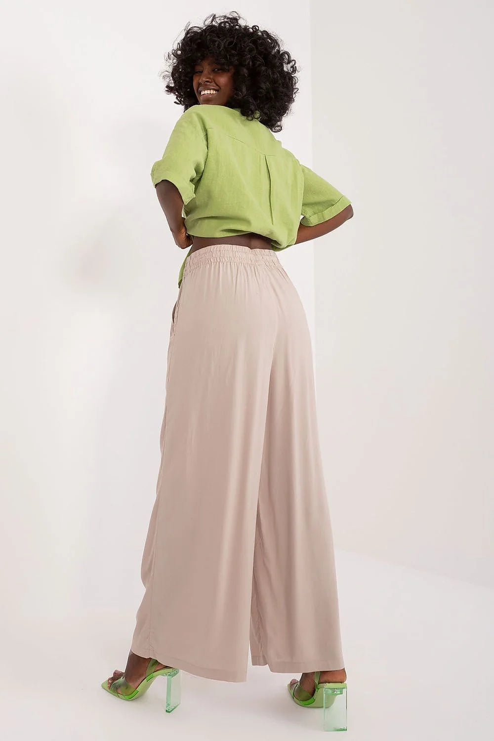 pantalon femme Sublevel taille haute palazzo ample viscose fluide léger beige clair élégant décontracté respirant ceinture élastique cordon serrage longue